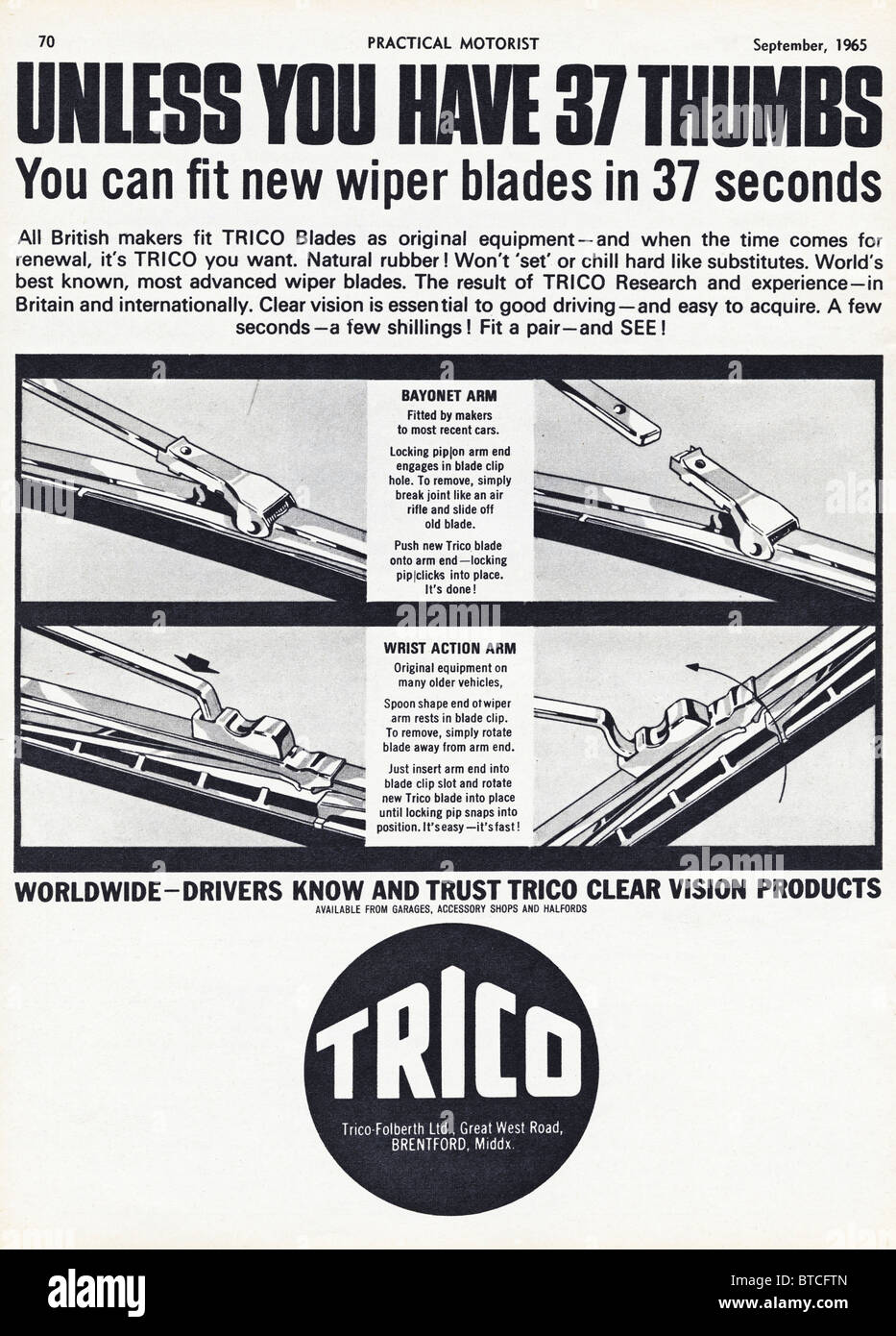 Advert for TRICO car wiper blades in Practical Motoring magazine dated September 1965 Stock Photo