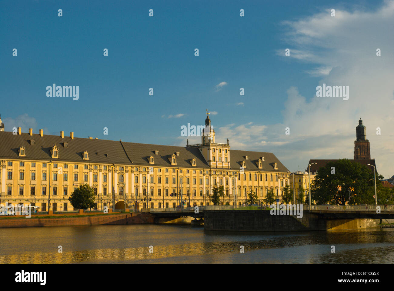 Riverside Odra and main university builiding Wroclaw Silesia Poland Europe Stock Photo