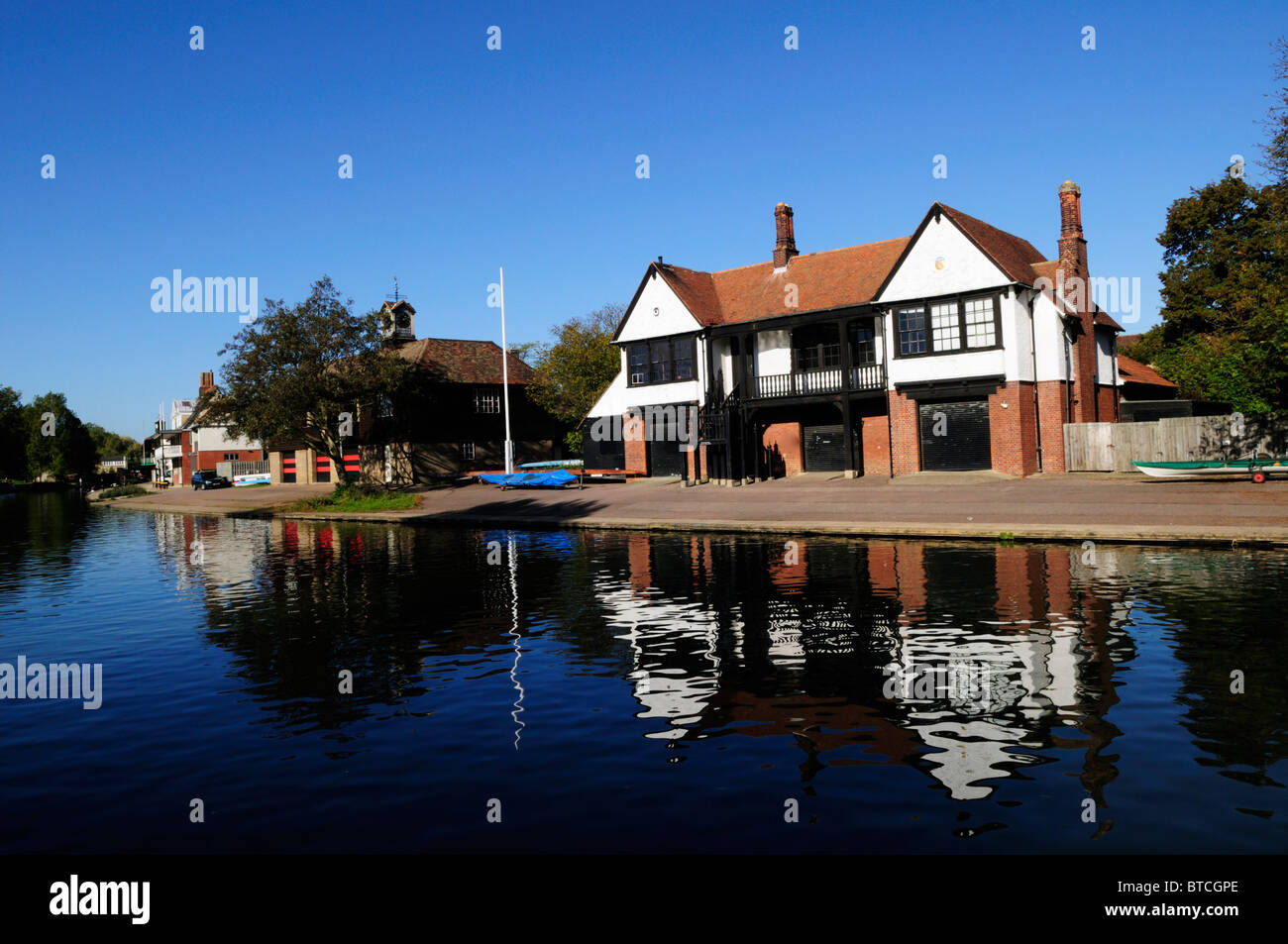 Rowing Boathouses on the River Cam opposite Midsummer Common, Cambridge, England, UK Stock Photo