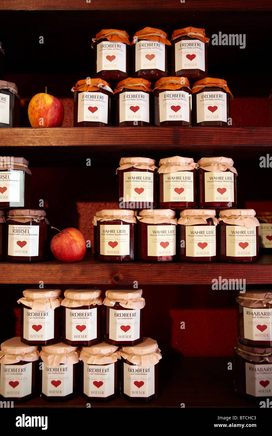 jars of apricot jams, Durnstien, Wachau, Austria Stock Photo