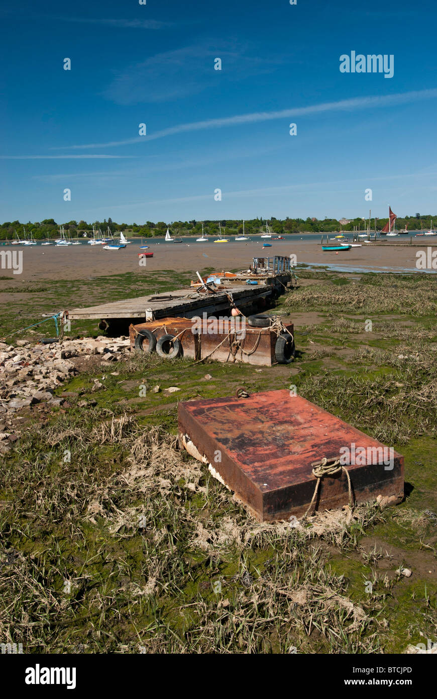 Old boat pontoons on river Orwell, Pin Mill  Suffolk Tide out Stock Photo