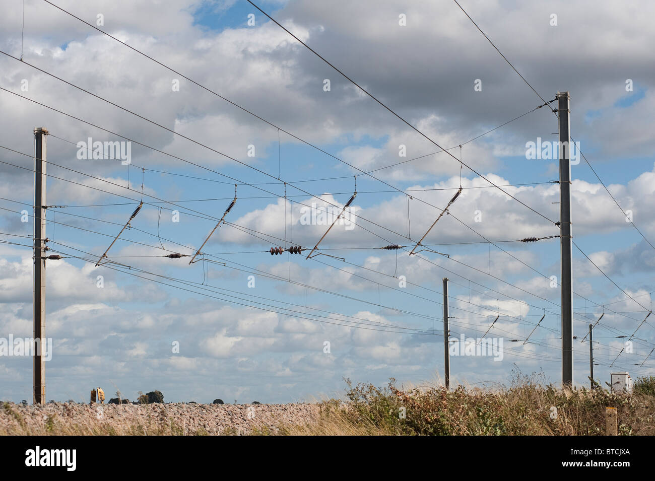 Electrified overhead lines over railway track on the midland main line