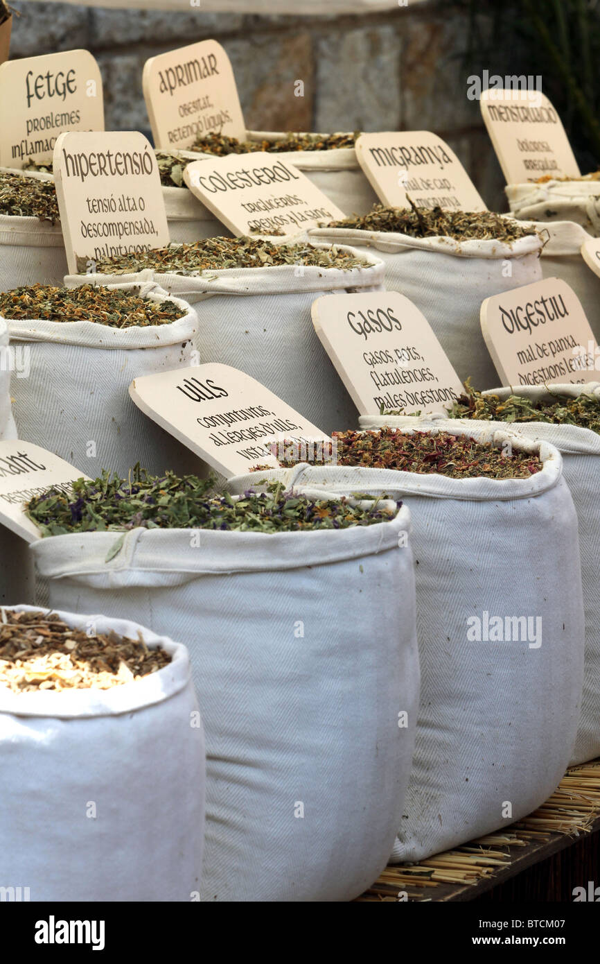 Herbal teas on display in a market in Catalonia, Spain Stock Photo Alamy