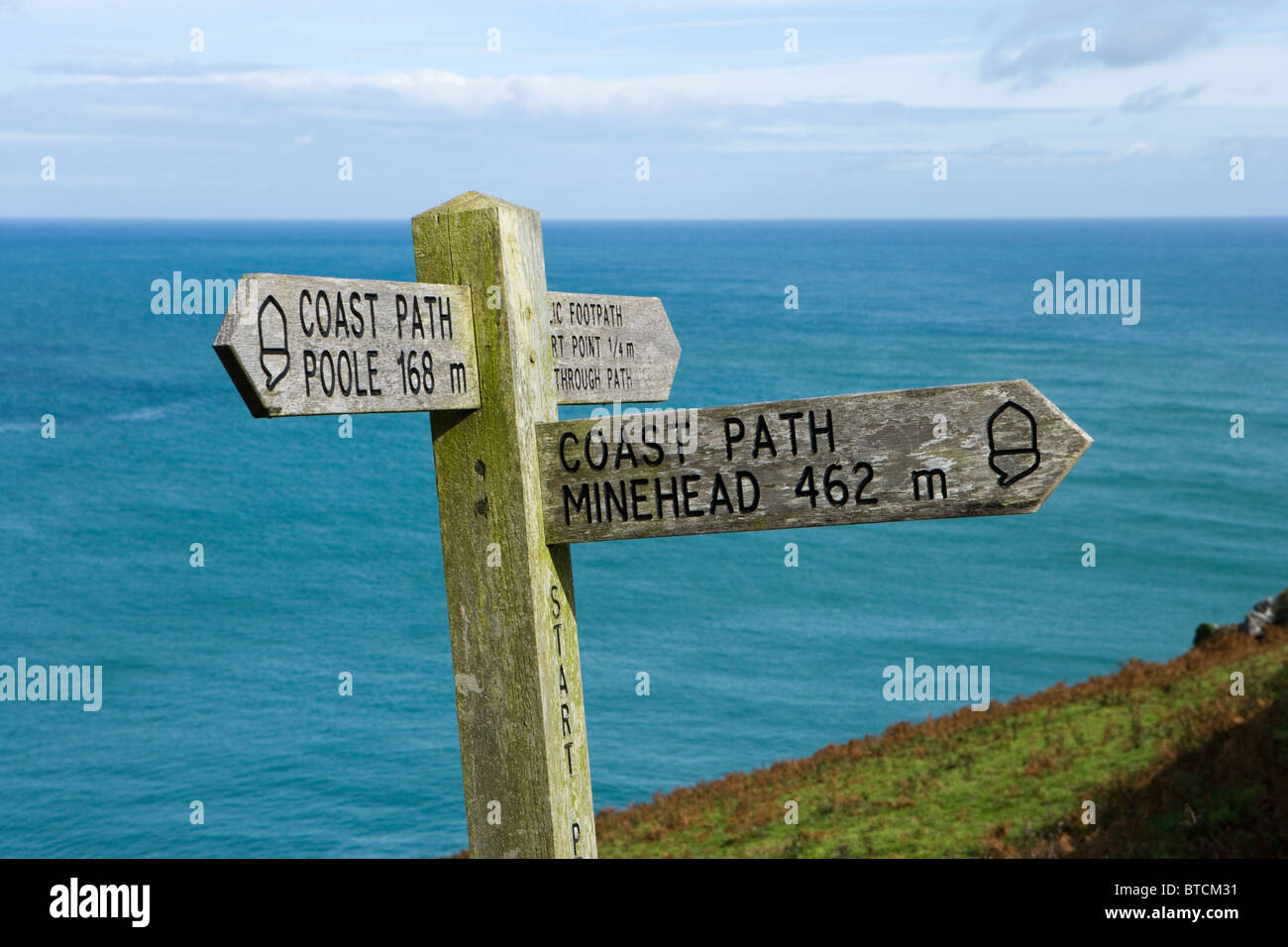 South West Coast Path sign at Start Point near Salcombe, Devon, UK Stock Photo