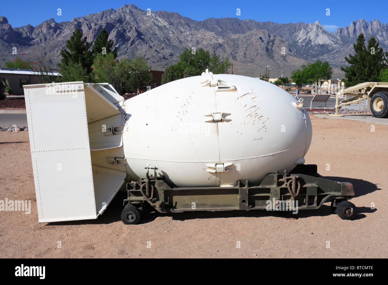 An atomic bomb casing on display at the White Sands Missile Range
