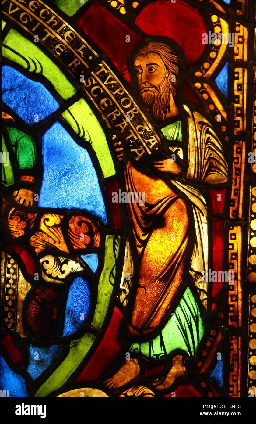 Stained glass panel with a figure of the Prophet Ezekial (ca. 1180-1200). Museum of Architecture, Wroclaw. Stock Photo