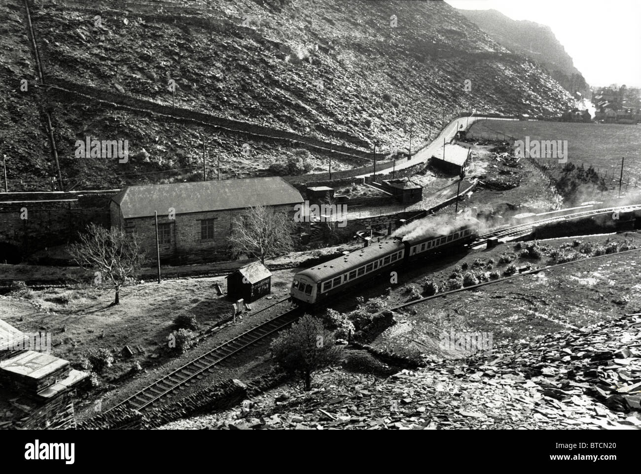 The Ffestiniog Railway running through a slate quarry in Snowdonia National Park Gwynedd, Wales