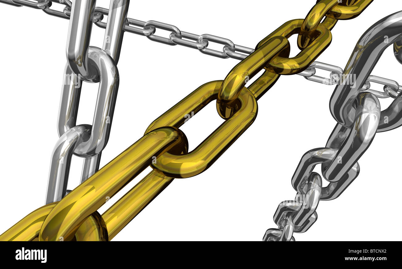 3d illustration of some silver and gold chains isolated on white ...