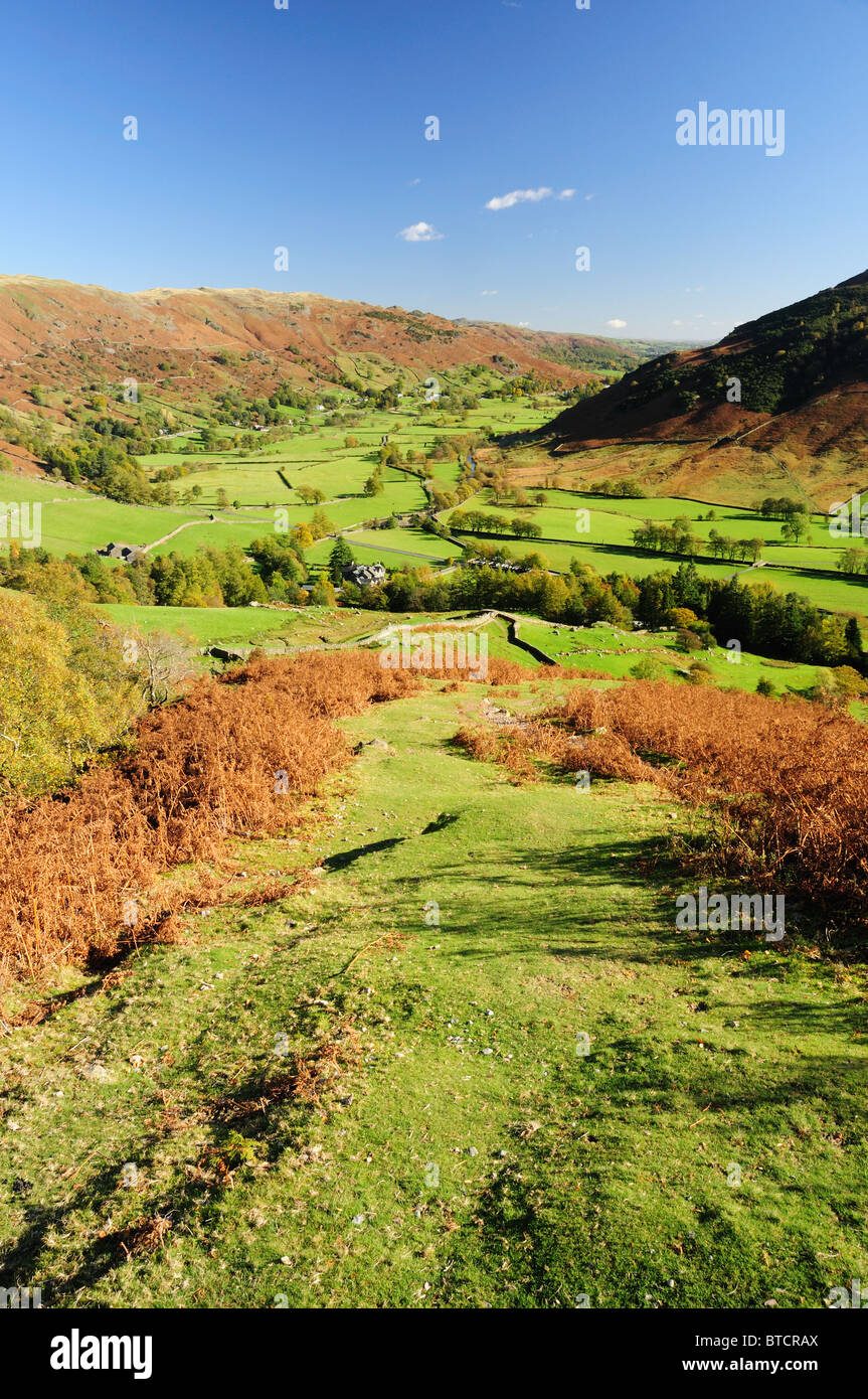 View down the Great Langdale Valley in autumn in the English Lake District Stock Photo
