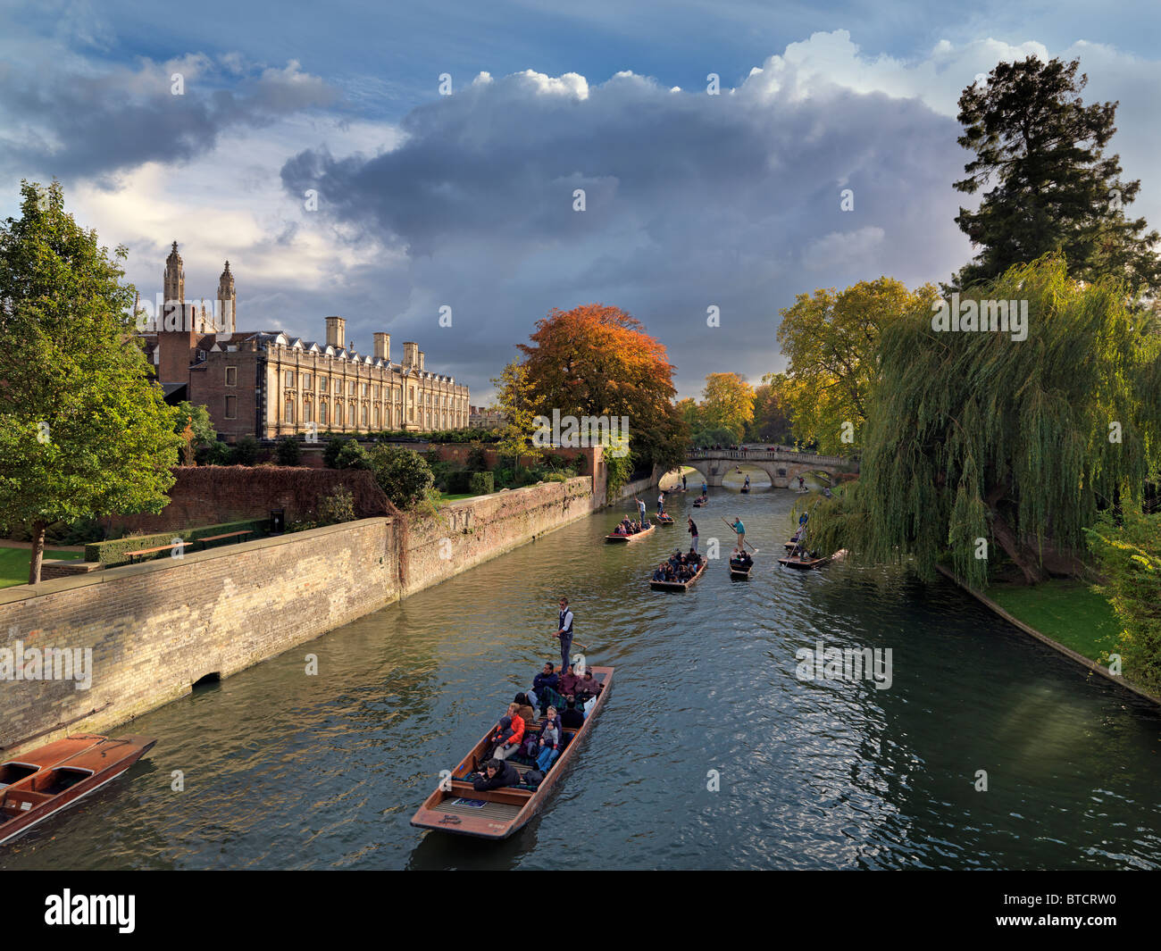 Autumn Punting on the River Cam with Clare College on the left. Stock Photo