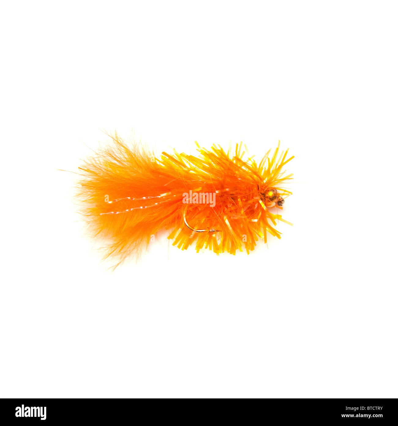 Orange blob trout fly size 12 isolated on a white studio background