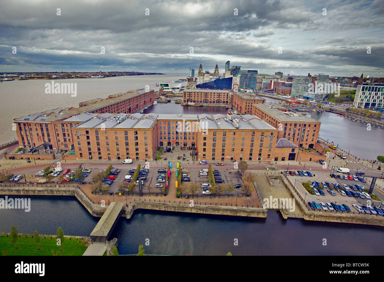The Albert Dock building sand the river Mersey seen from an aerial position looking north towards the sea. Stock Photo