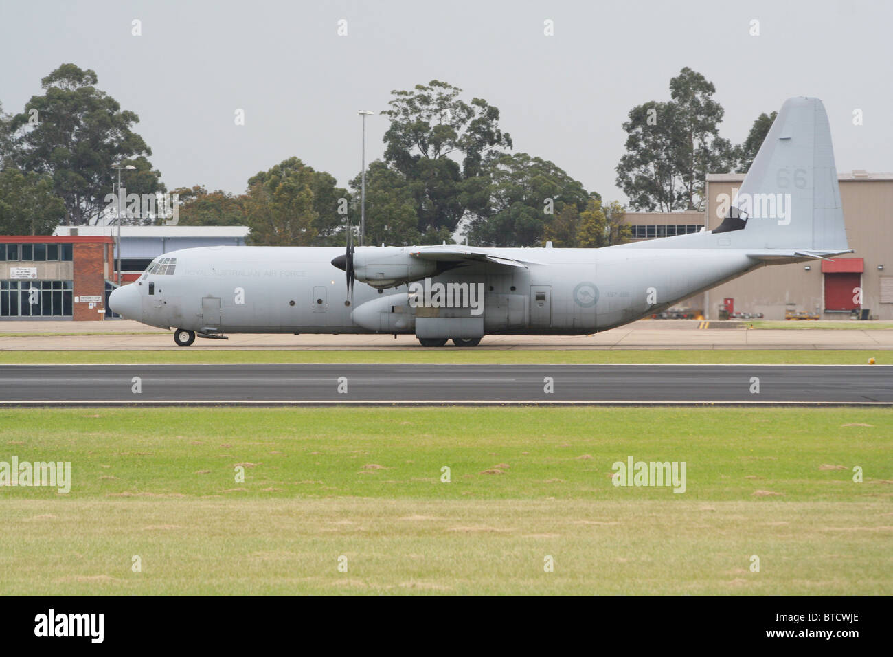 Royal Australian Air Force C-130J-30 Hercules take-off from it's homebase RAAF Richmond in New South Wales. Australia Stock Photo