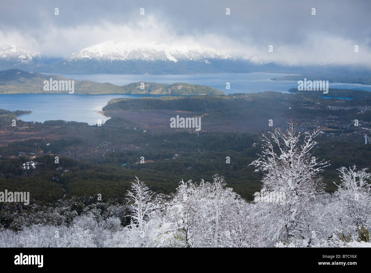 View of Villa La Angostura and Lake Nahuel Huapi from the ski center in Cerro Bayo, Neuquen, Argentina Stock Photo