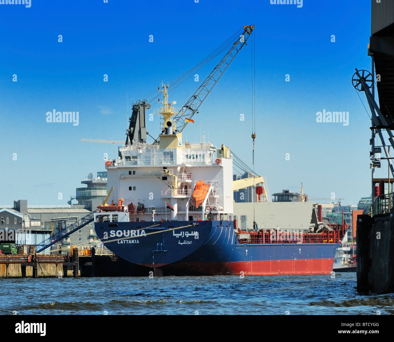 SOURIA (callsign), a dry cargo vessel sailing under the flag of Syrian Arab  Republic, is loaded at the Port of Hamburg, Germany Stock Photo - Alamy