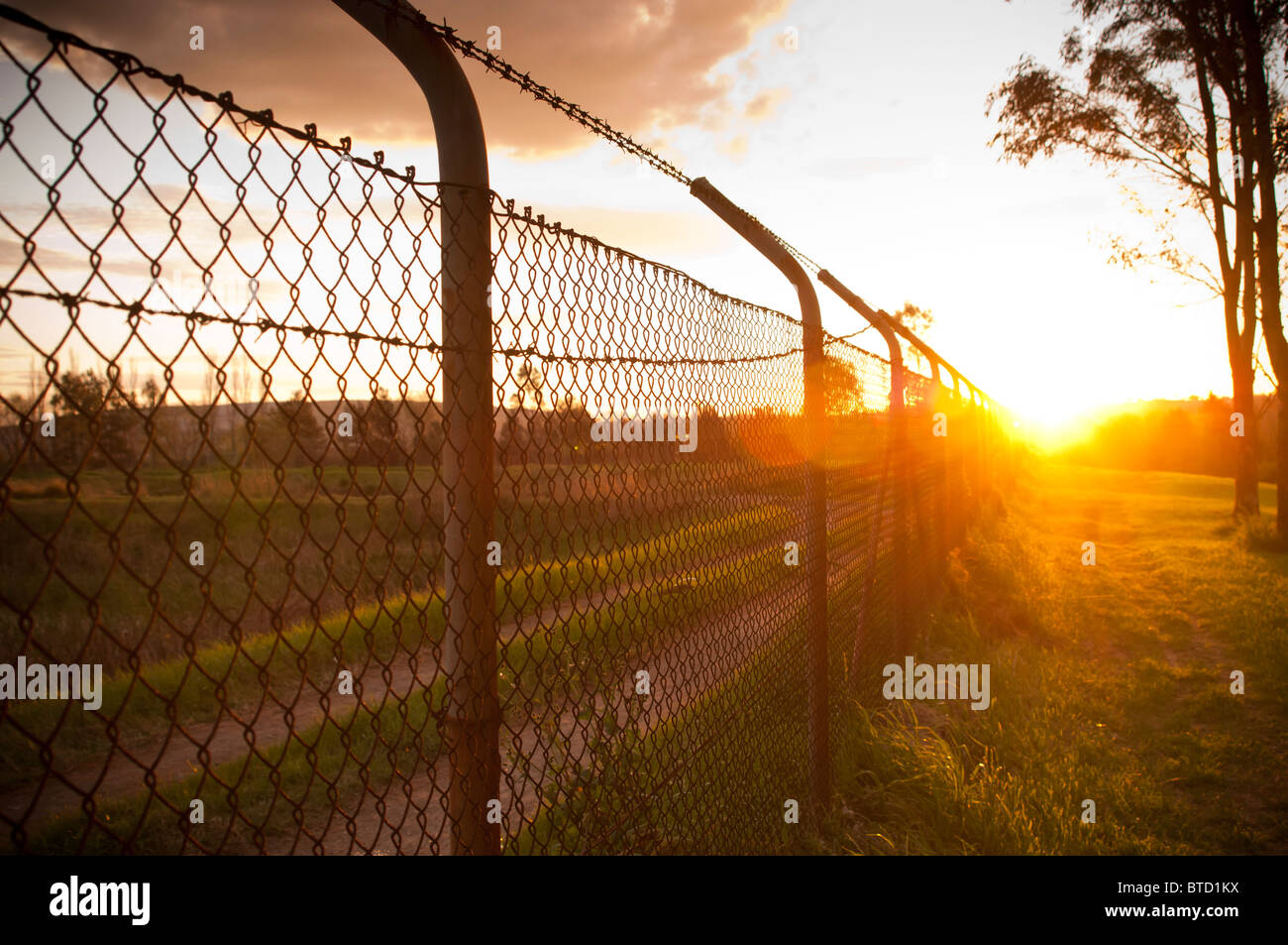 Old wire fence with the sun streaming alongside it Stock Photo - Alamy