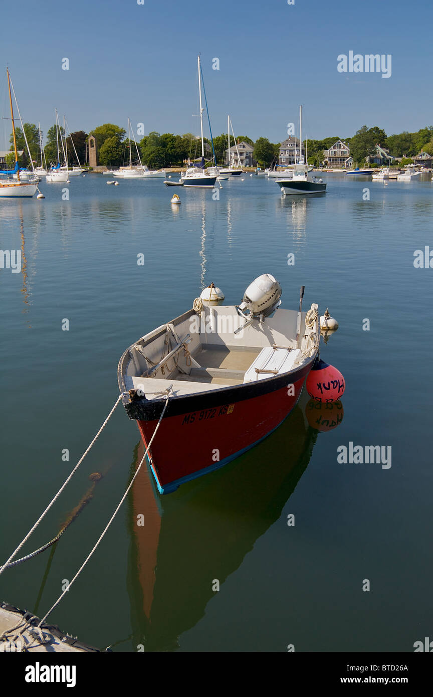 A motorboat in the seaside Cape Cod village of Woods Hole Stock Photo