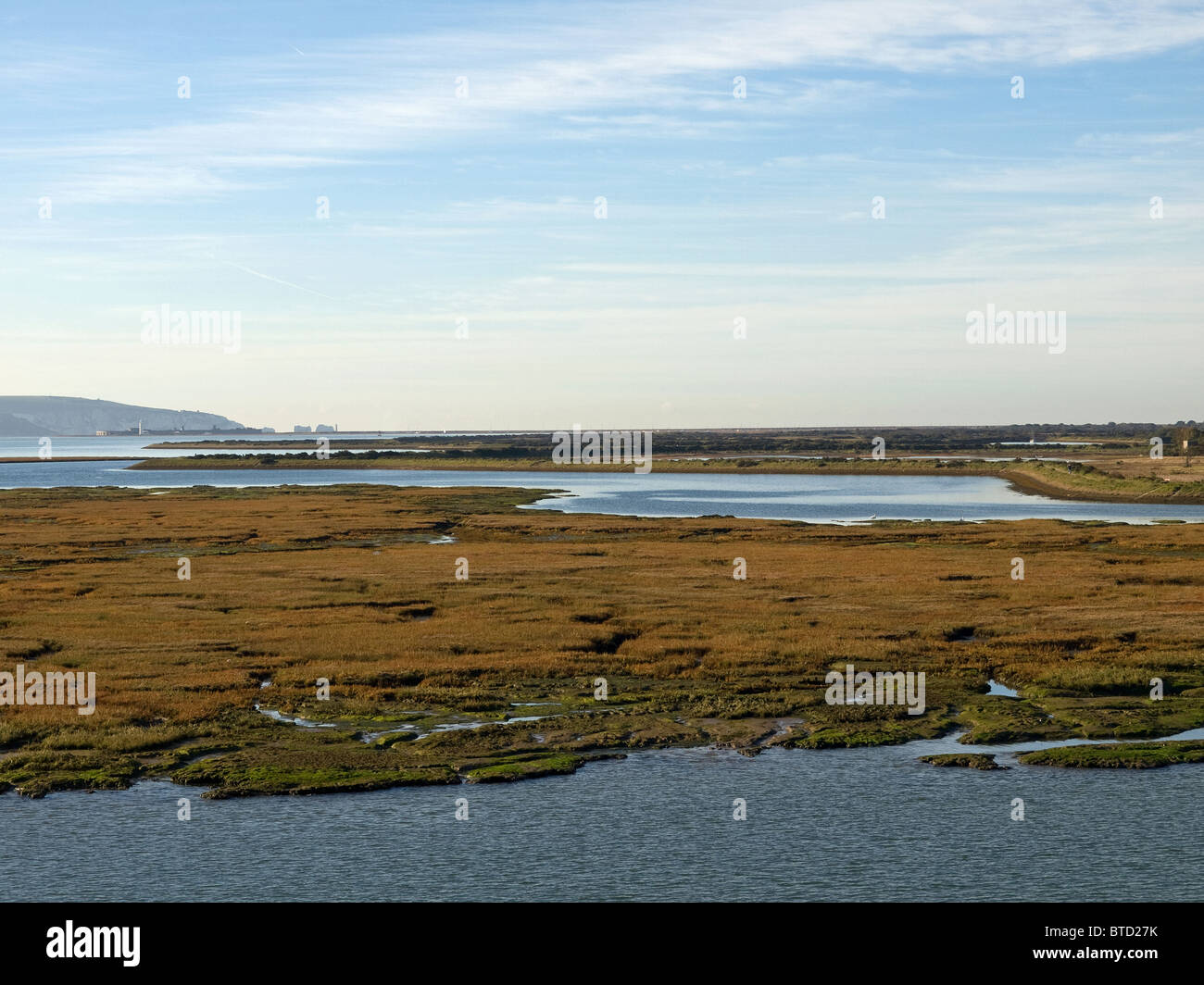 Pennington marshes Lymington Hampshire England UK with the Needles of the Isle of Wight in the