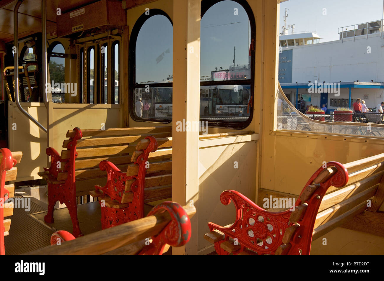Inside the trolley that takes Cape Cod visitors between center of the