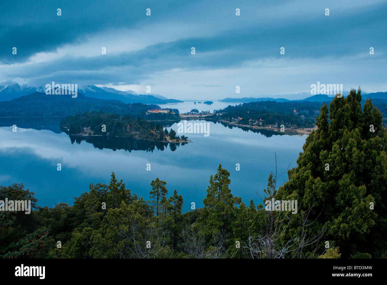 View of Lake Nahuel Huapi and Hotel Llao Llao during dusk Stock Photo