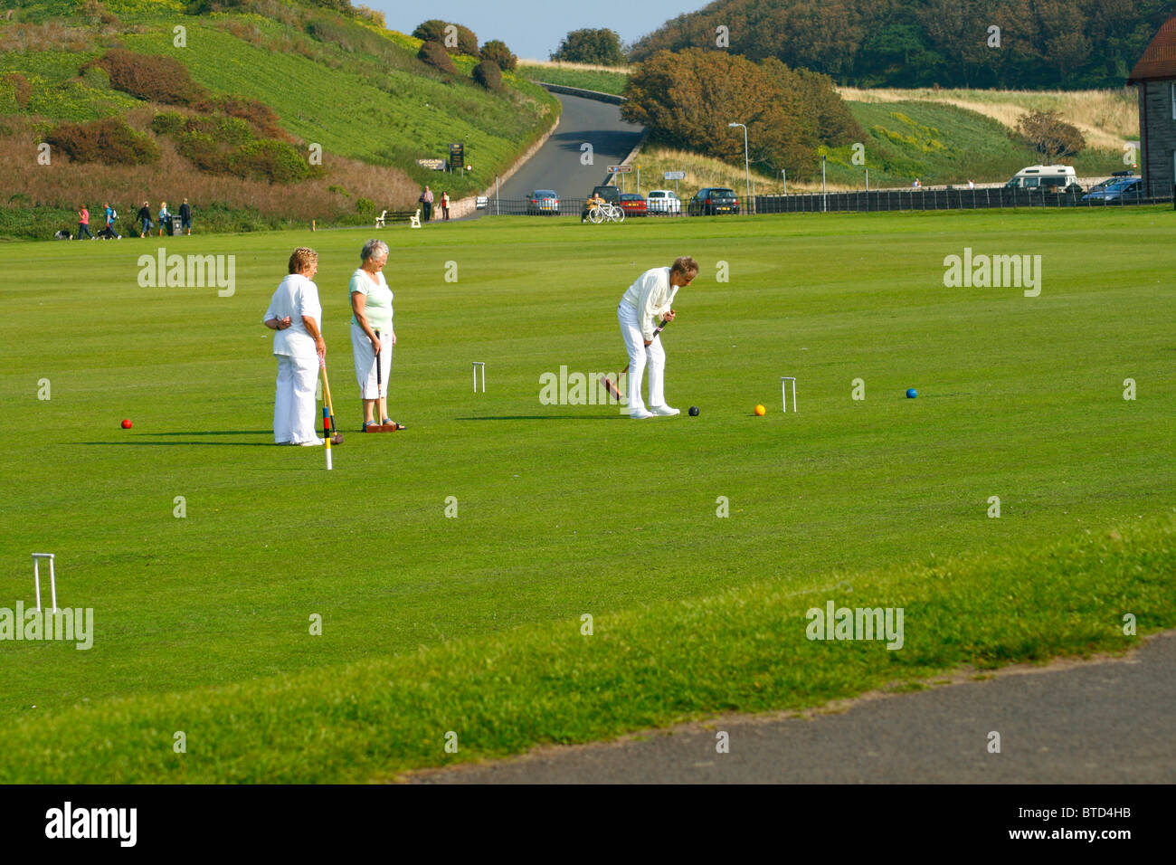 Sports and Cricket Field in the Northumbrian village of Bamburgh Stock Photo