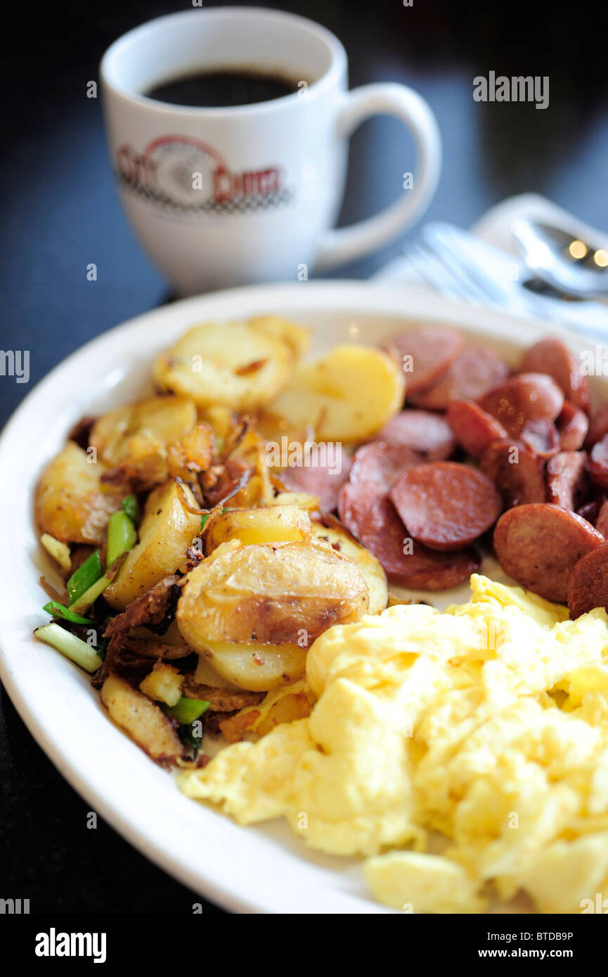 Close up of a reindeer sausage breakfast at City Diner in Anchorage