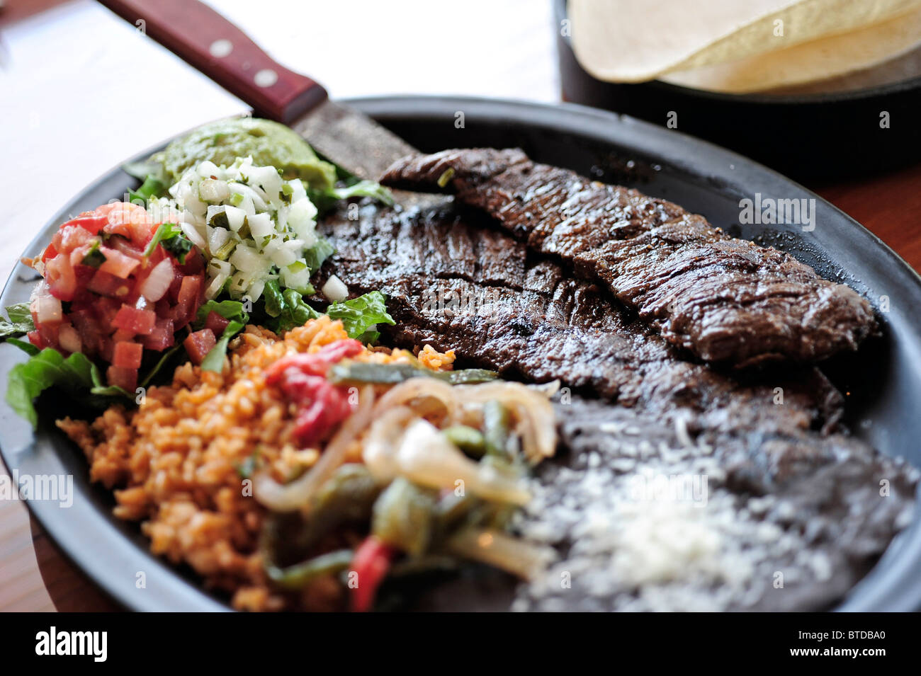 Close up view of the Carne Asada taco plate at the Bear Tooth Grill retaurant in Anchorage, Southcentral Alaska Stock Photo