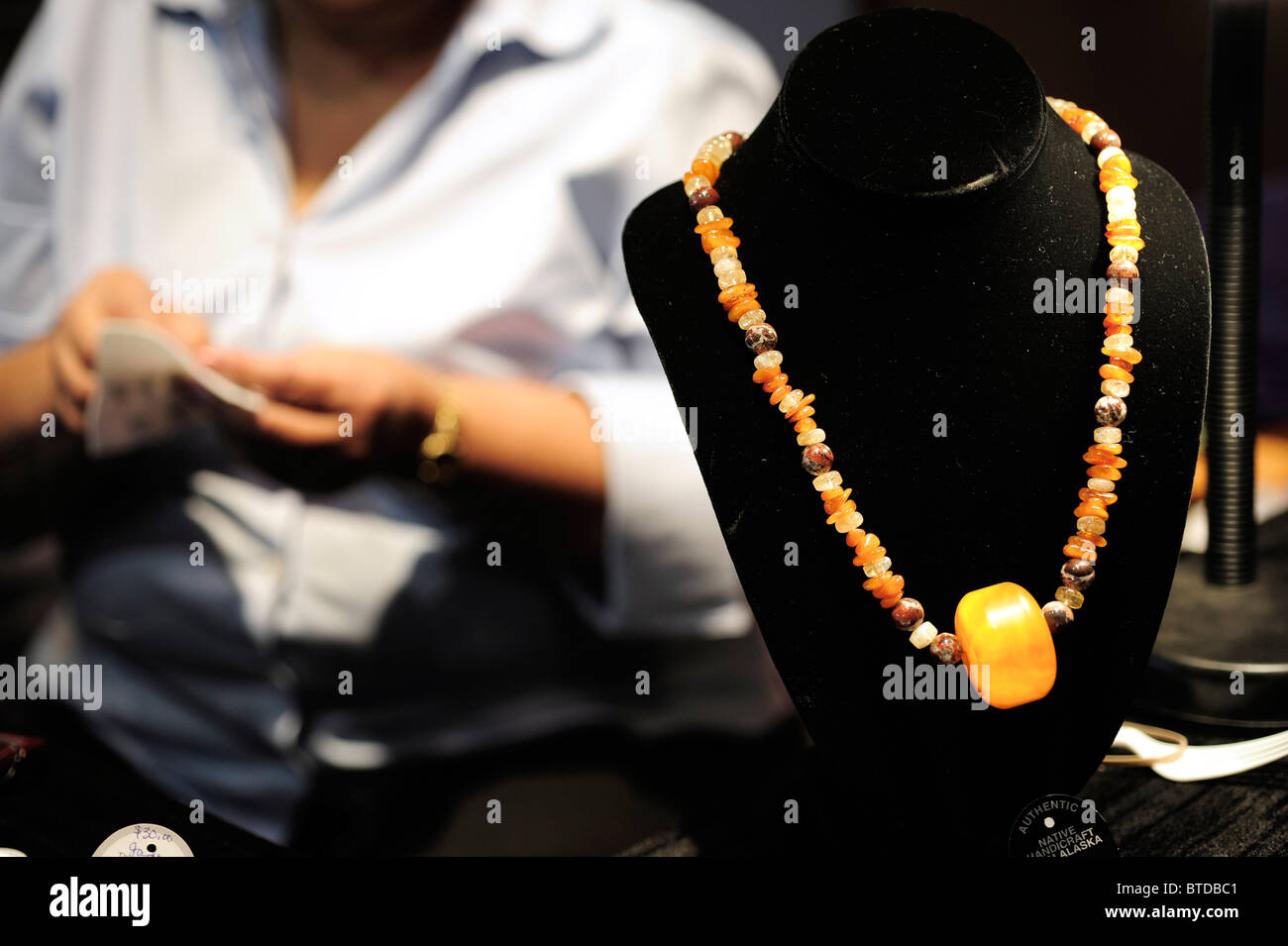 Close up view of a hand crafted necklace at the Alaska Native Heritage Center in Anchorage, Southcentral Alaska Stock Photo