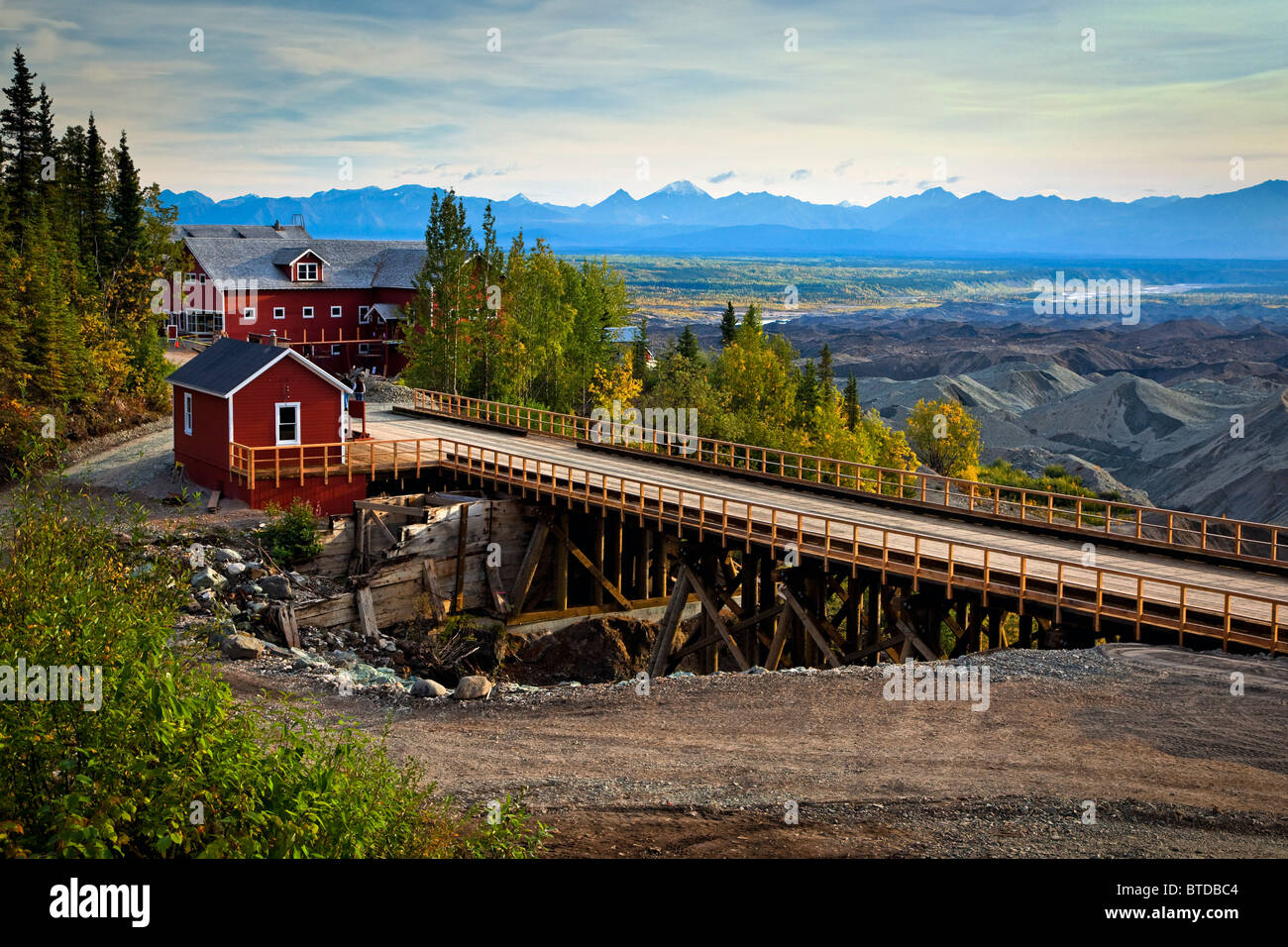 Newly restored Railroad Bridge to Kennecott Mill Town, Wrangell St. Elias National Park & Preserve, Southcentral Alaska, Summer Stock Photo