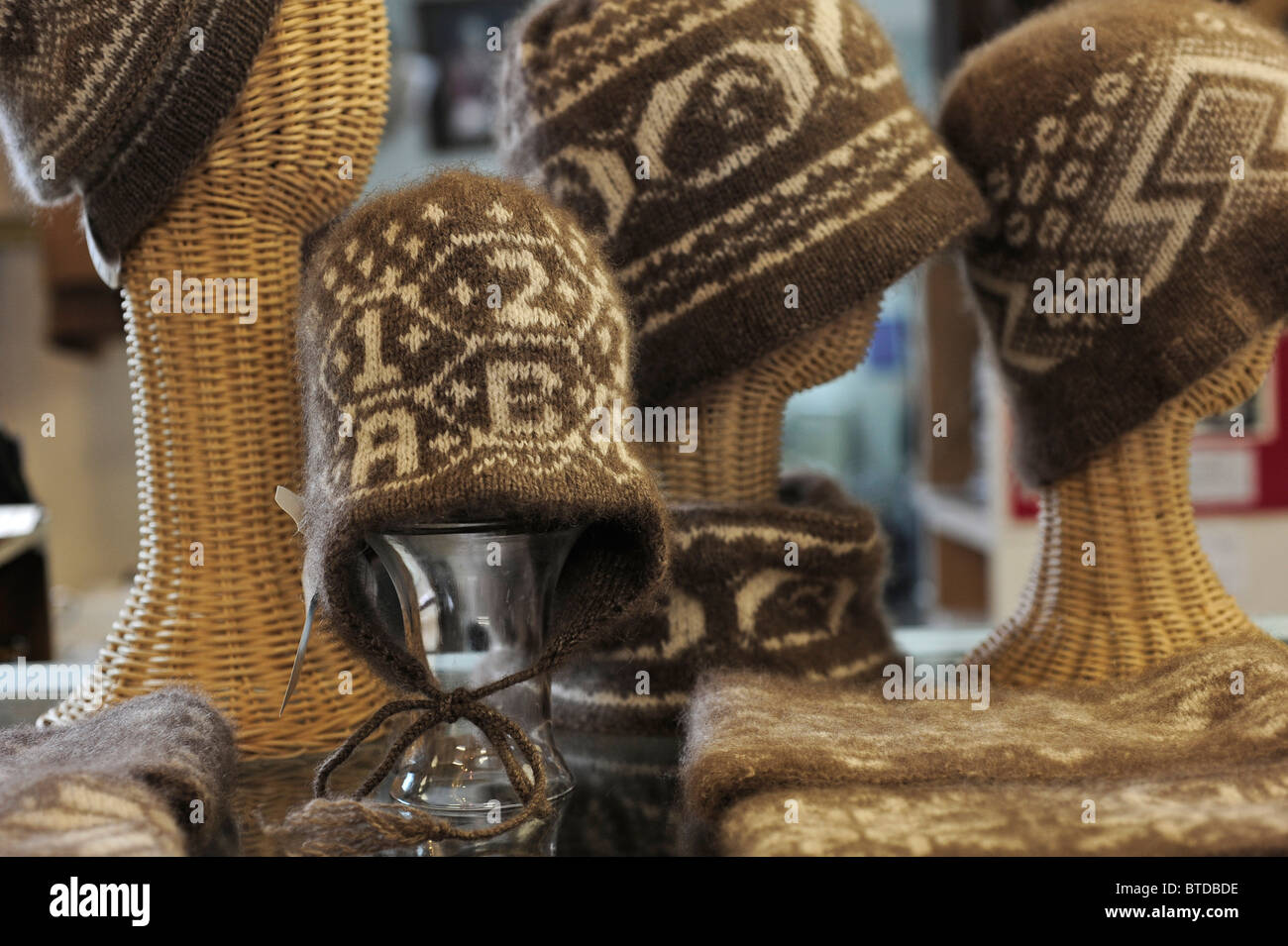 Display of hand knitted Qiviut hats at the Oomingmak Musk Ox Producers' Co-operative in Downtown Anchorage,  Alaska Stock Photo