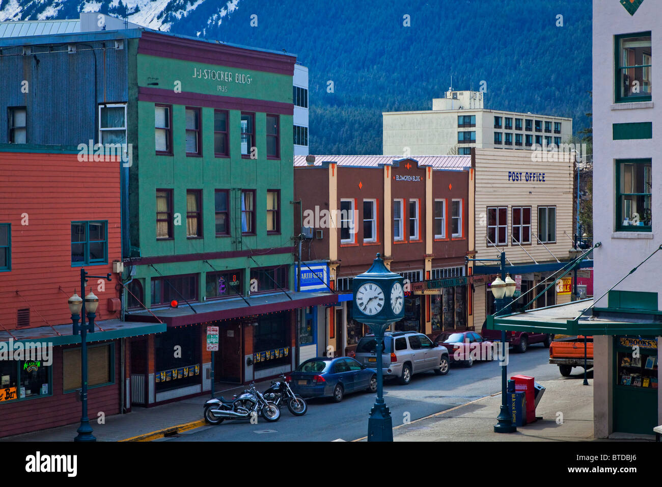 View of Franklin Street and buildings in Downtown Juneau on a sunny day, Southeast Alaska, Summer Stock Photo