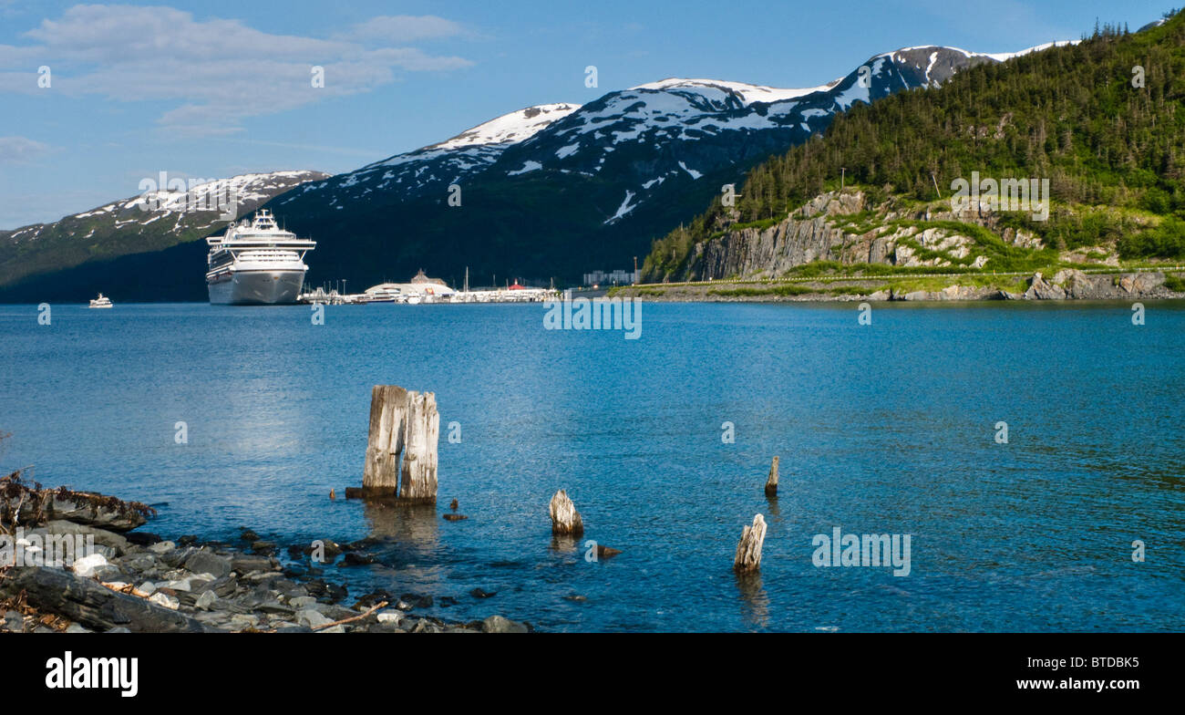 Harbor of Whittier with a cruise ship docked during Summer, Southcentral Alaska Stock Photo