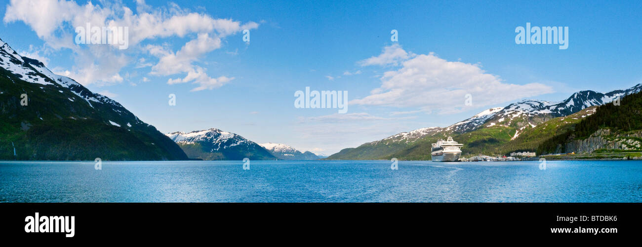 Panoramic view of Passage Canal and Whittier Harbor with a cruise ship docked Southcentral Alaska, Summer Stock Photo
