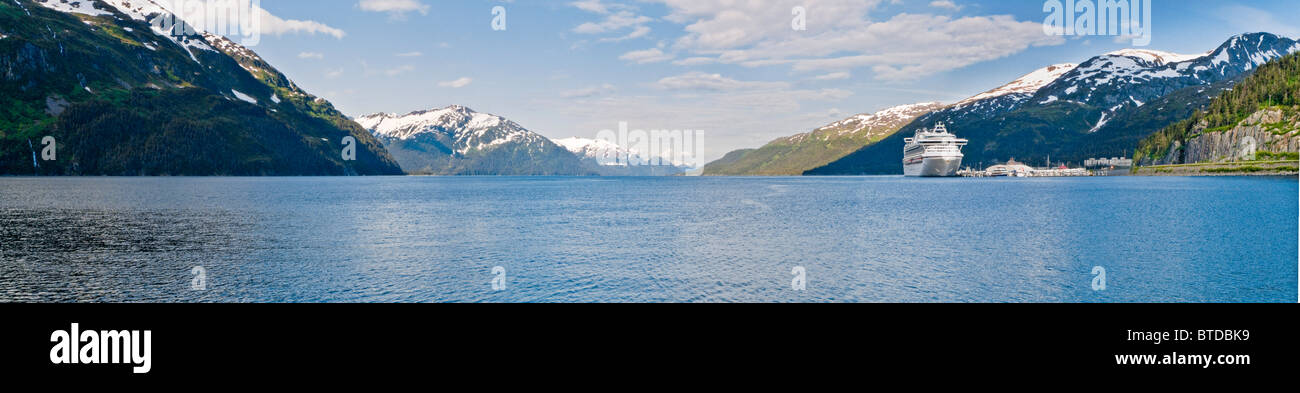 Panoramic view of Passage Canal and Whittier Harbor with a cruise ship docked Southcentral Alaska, Summer Stock Photo