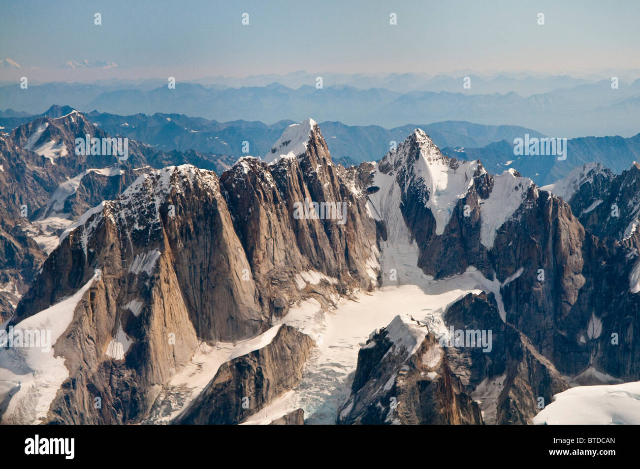 Aerial view of Moose's Tooth and the Alaska Range on a sunny day in Denali National Park and Preserve, Interior Alaska, Summer Stock Photo