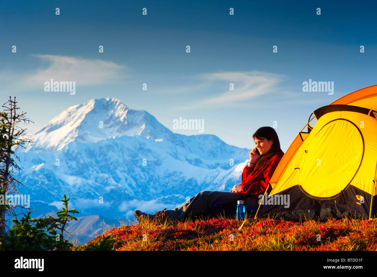 Woman talking on her cell phone while camping, Mt. McKinley in the background, Peters Hills, Denali State Park,  Alaska Stock Photo