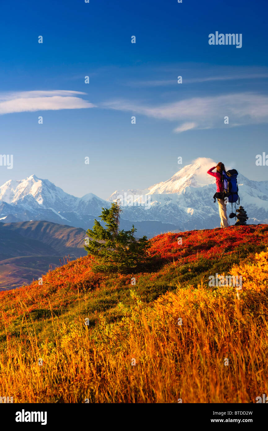 A woman stops to view Mt. McKinley while backpacking in Peters Hills, Denali State Park, Southcentral Alaska Stock Photo