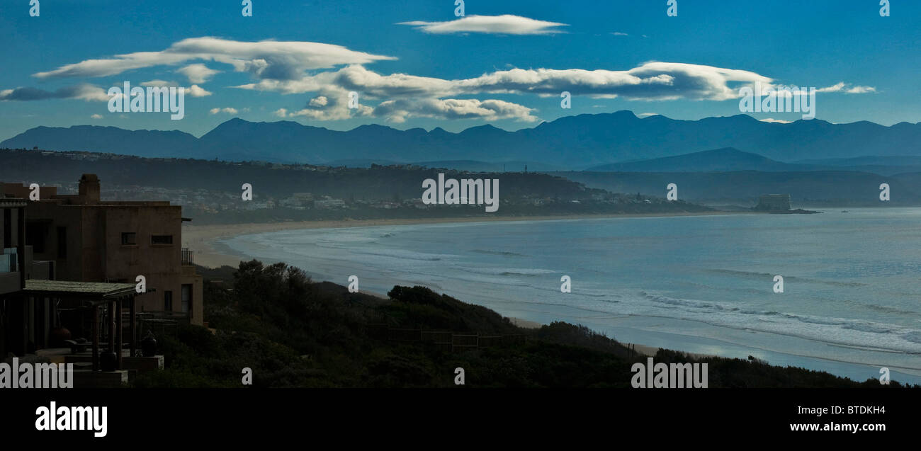 Plettenberg Bay panoramic view of the beach and Outeniqua mountains in the distance Stock Photo