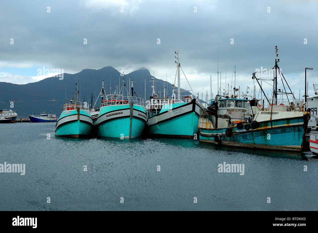 Hout Bay Harbour with blue boats Stock Photo