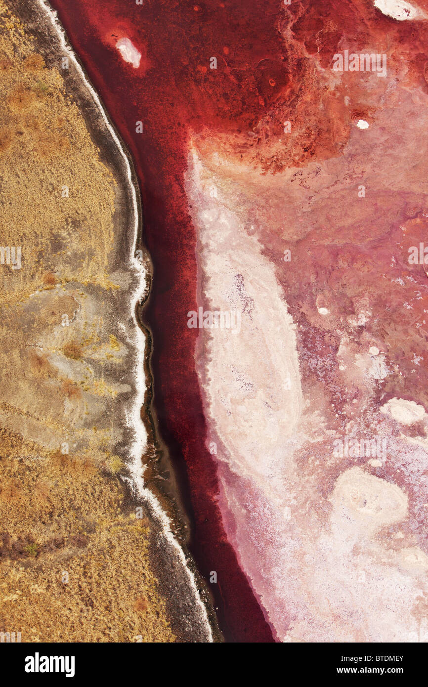 Aerial view of Lake Magadi. Salt flats are sometimes red due to the proliferation of halobacteria. Rift Valley Kenya Stock Photo