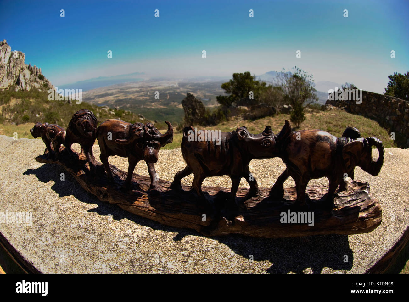 Fish-eye view of wooden carvings for sale at the roadside Stock Photo