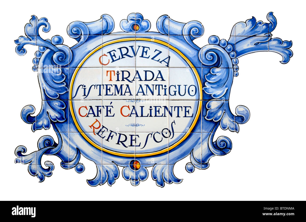 Madrid, Spain. Painted tiled cafe sign advertising beer on draught, hot coffee, refreshments Stock Photo