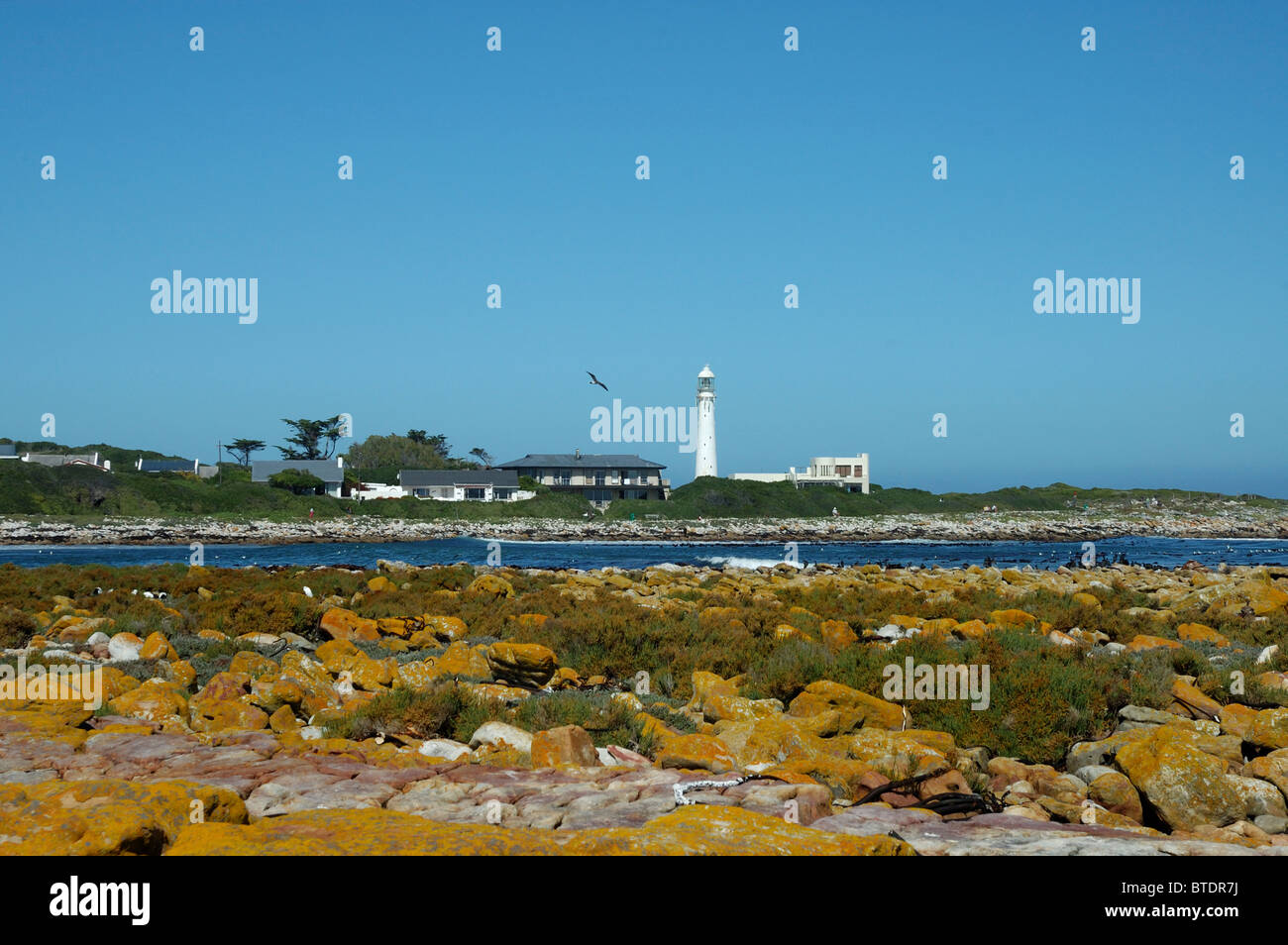A rocky beach and a lighthouse in the background Stock Photo