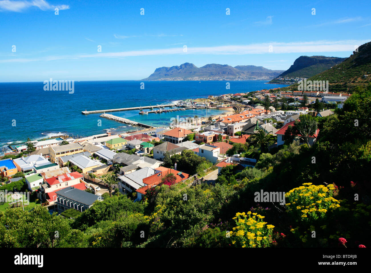 View over houses and Kalk Bay harbour Stock Photo