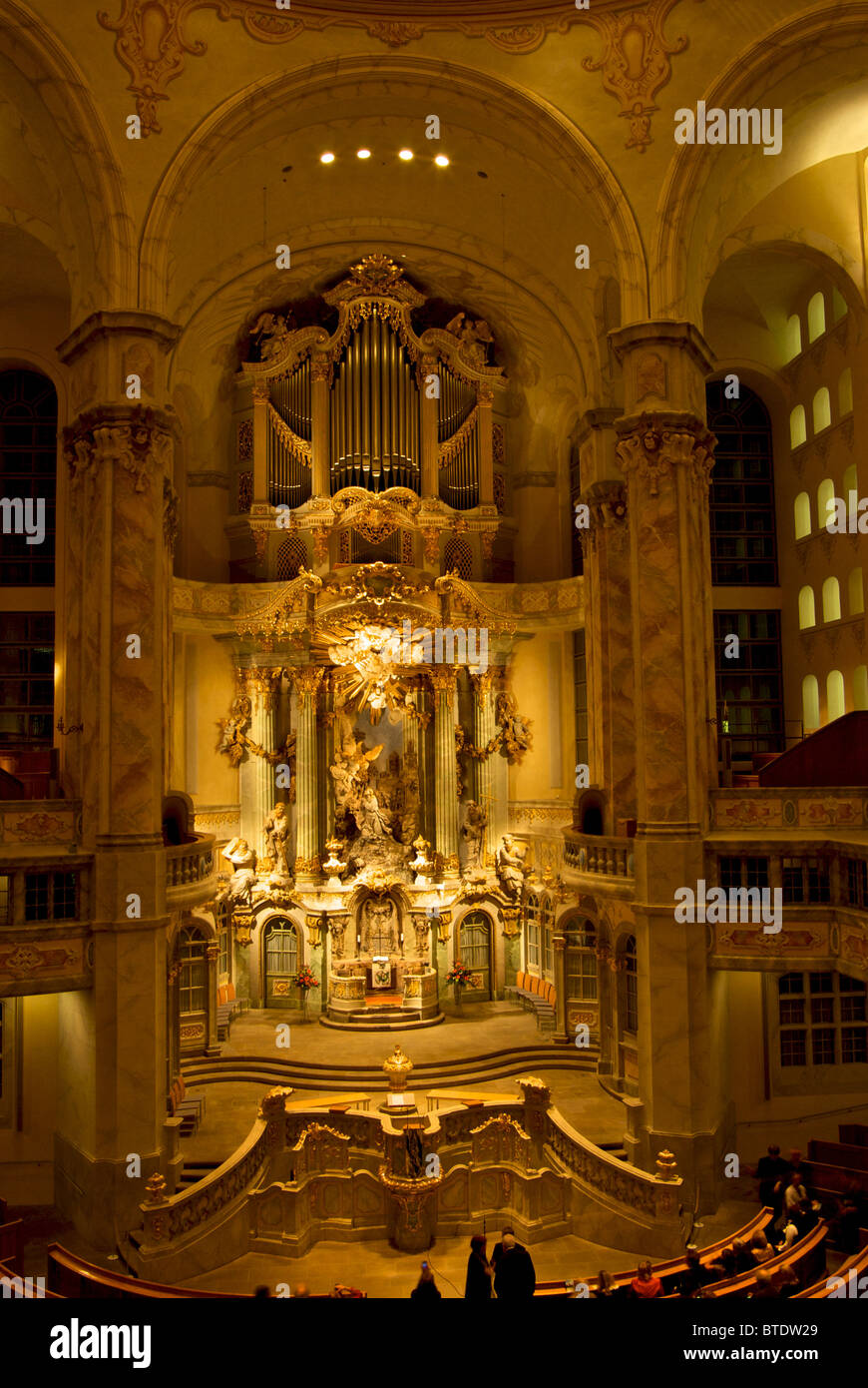 Grand apse and pipe organ in restored Frauenkirche 'Church of our Lady' after its complete destruction in WWII Dresden bombing Stock Photo
