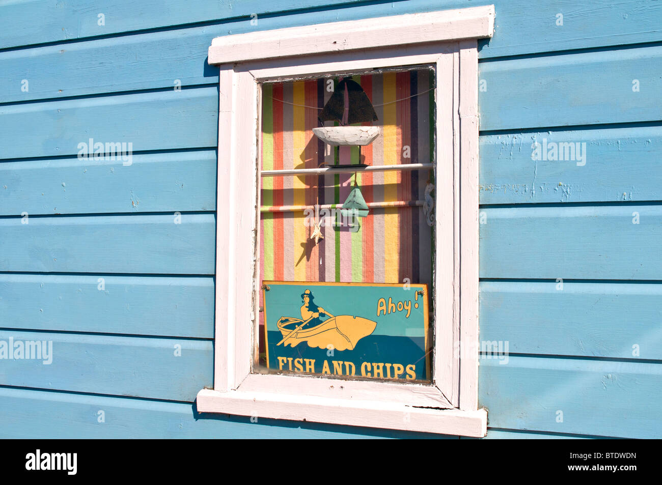 Window of a beach hut in Suffolk; Strandhütte in Southwold Stock Photo