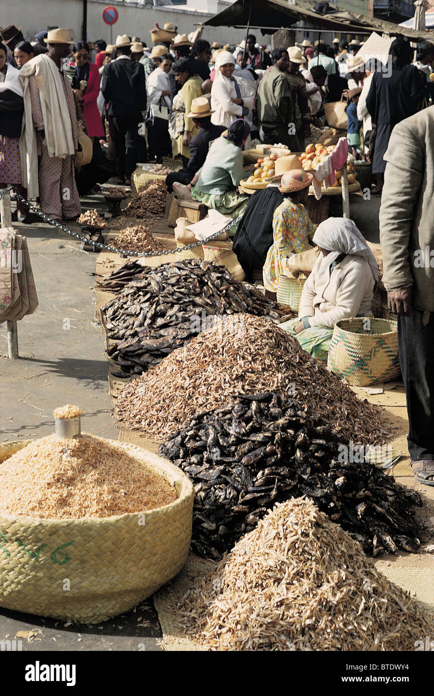 Piles of dried goods for sale at the market  in Antananarivo Stock Photo