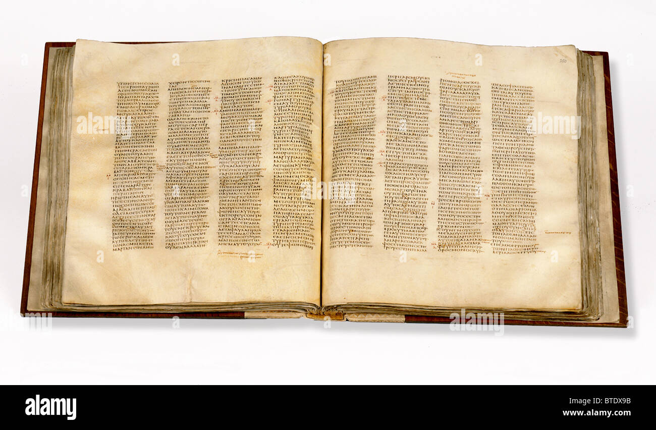 5470. Codex Sinaiticus is a 4th century manuscript of the Greek Bible, written between 330–350. Originally it contained the Stock Photo