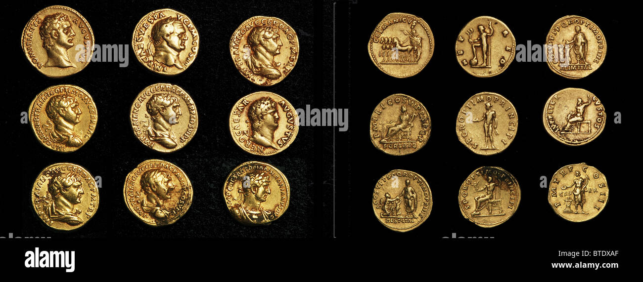 5472. Imperial Roman gold coins bearing busts of the varrious Emperors. Face and obverse Stock Photo