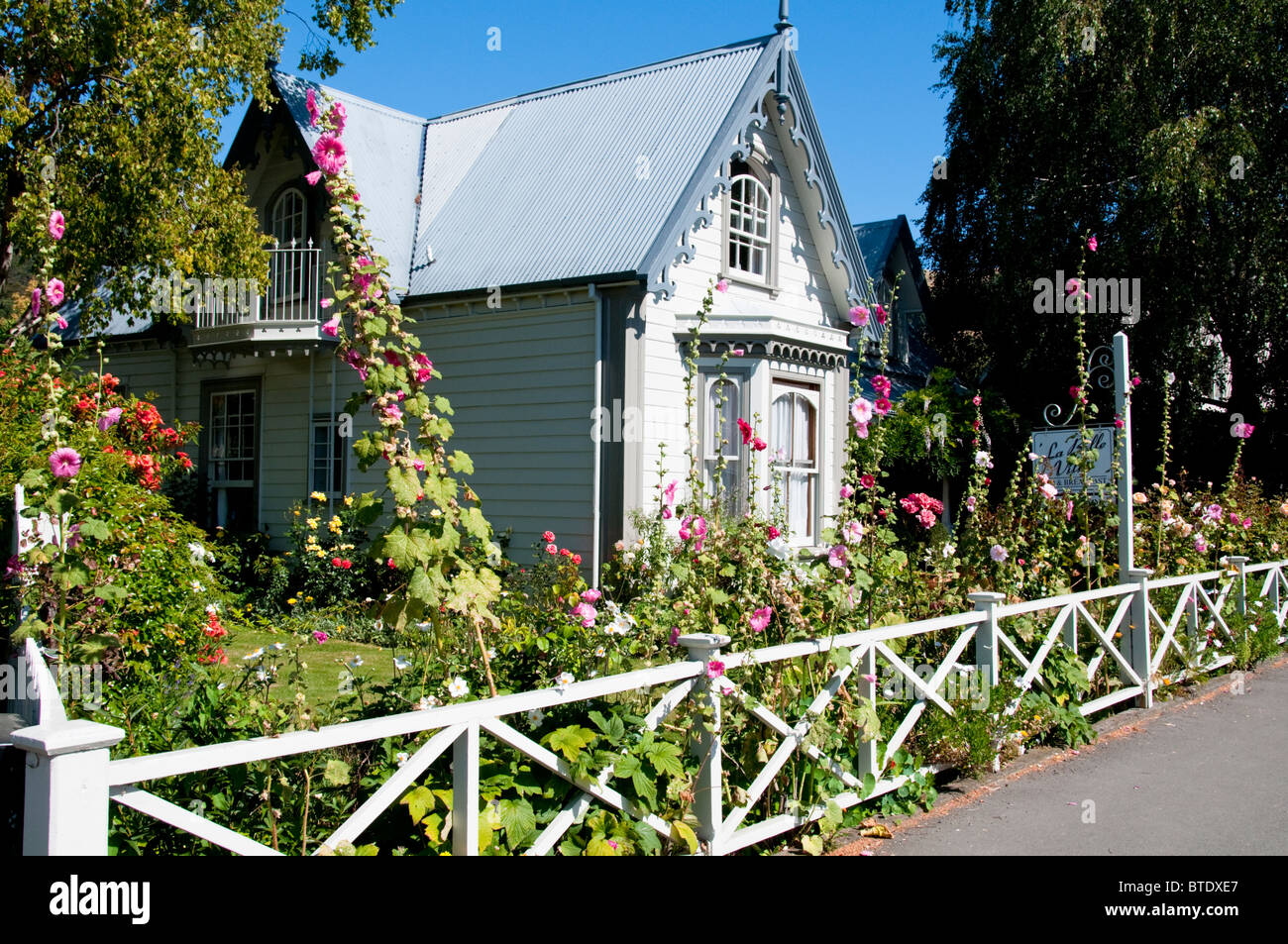 Akaroa Market Garden,Architecture,Typical Old Homes,Harbor,Boats,Historic French Colony,Akaroa,Banks Peninsula,South Island,NZ Stock Photo